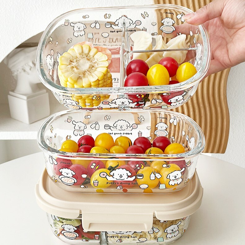 《5547》奶油色小白狗玻璃飯盒