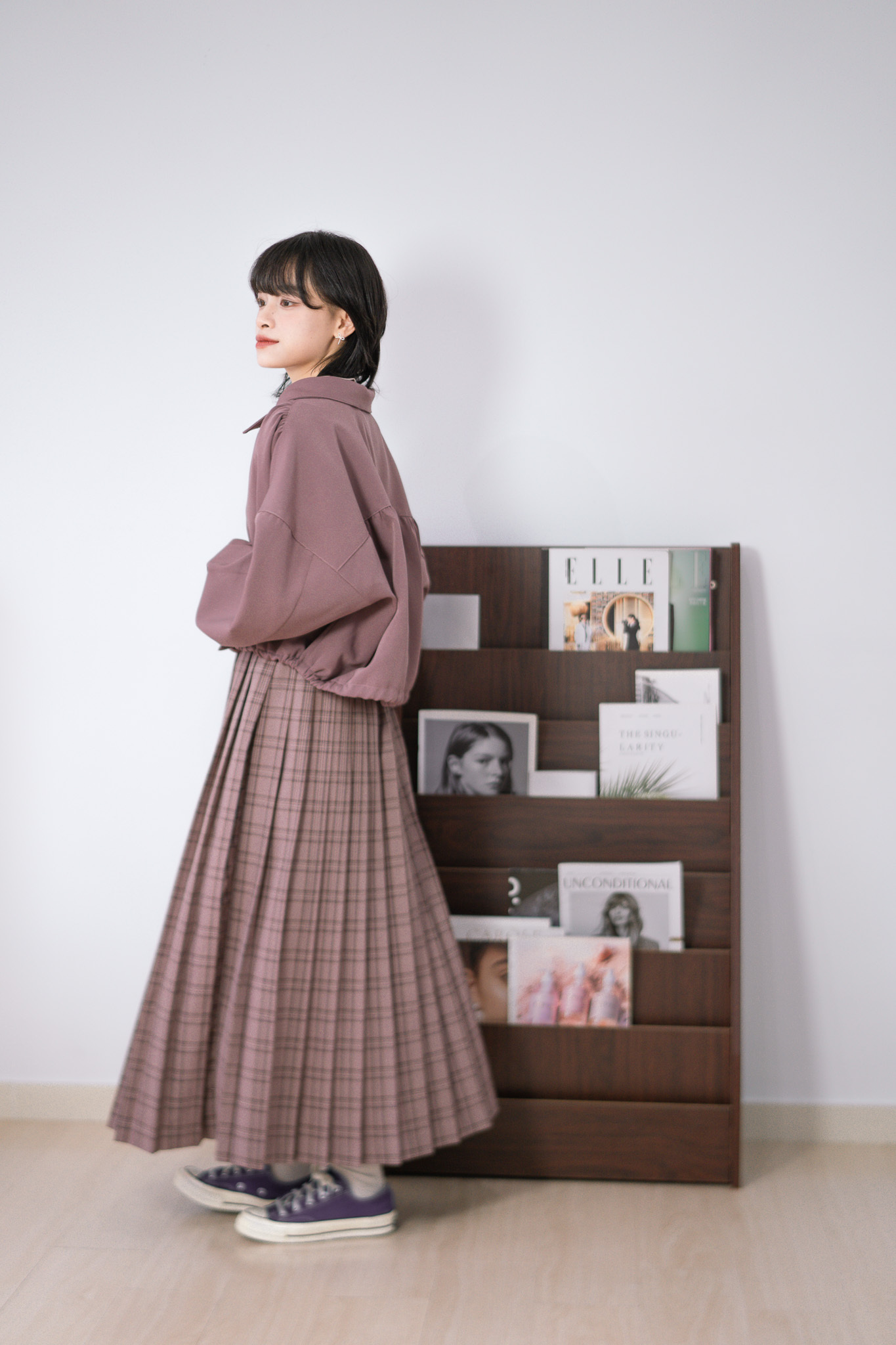 粉和藍色都好看 ！灰調格仔百褶長裙 ～ SK44358