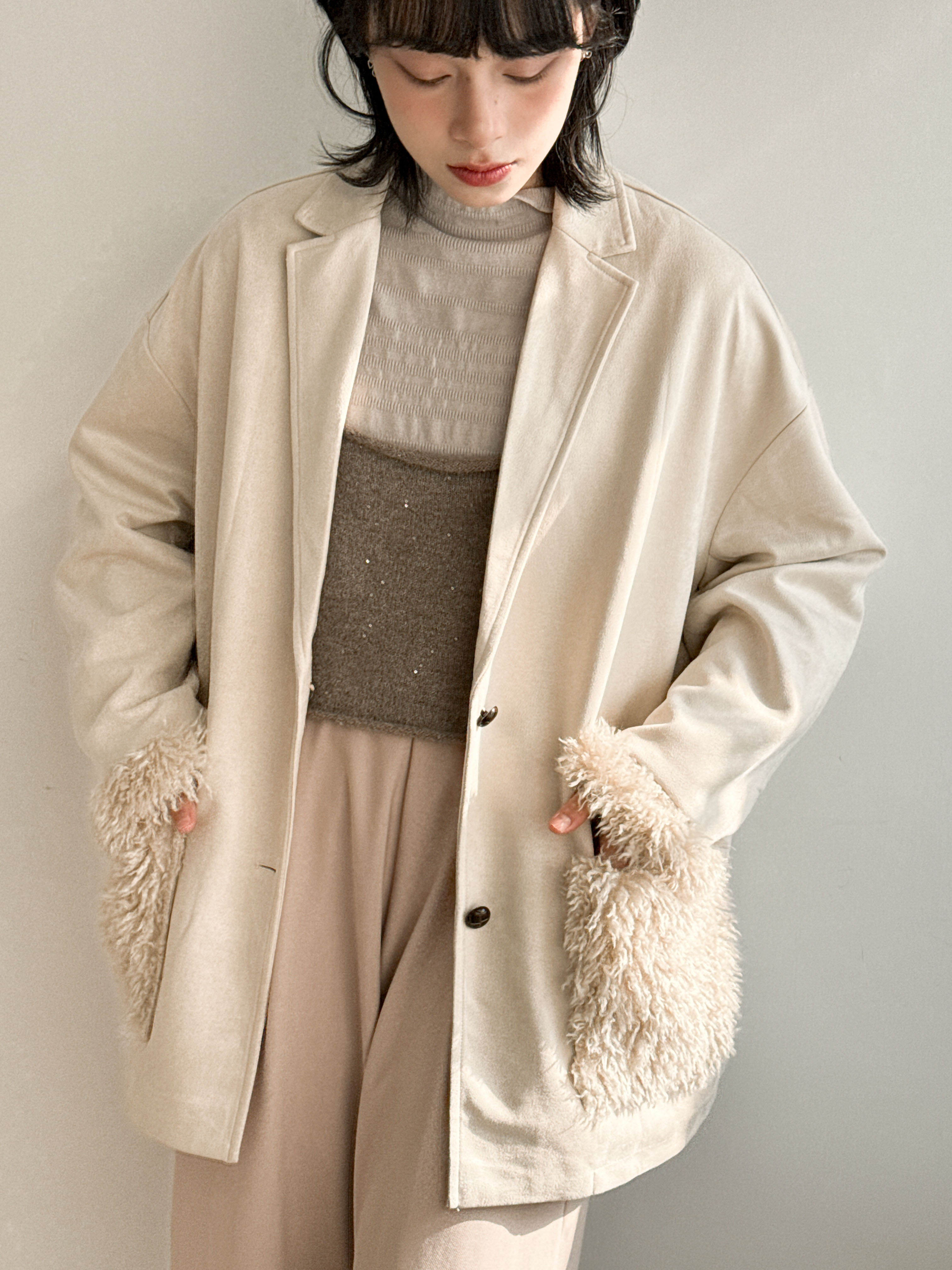 復古風麂皮絨毛毛袋外套 -JK51380