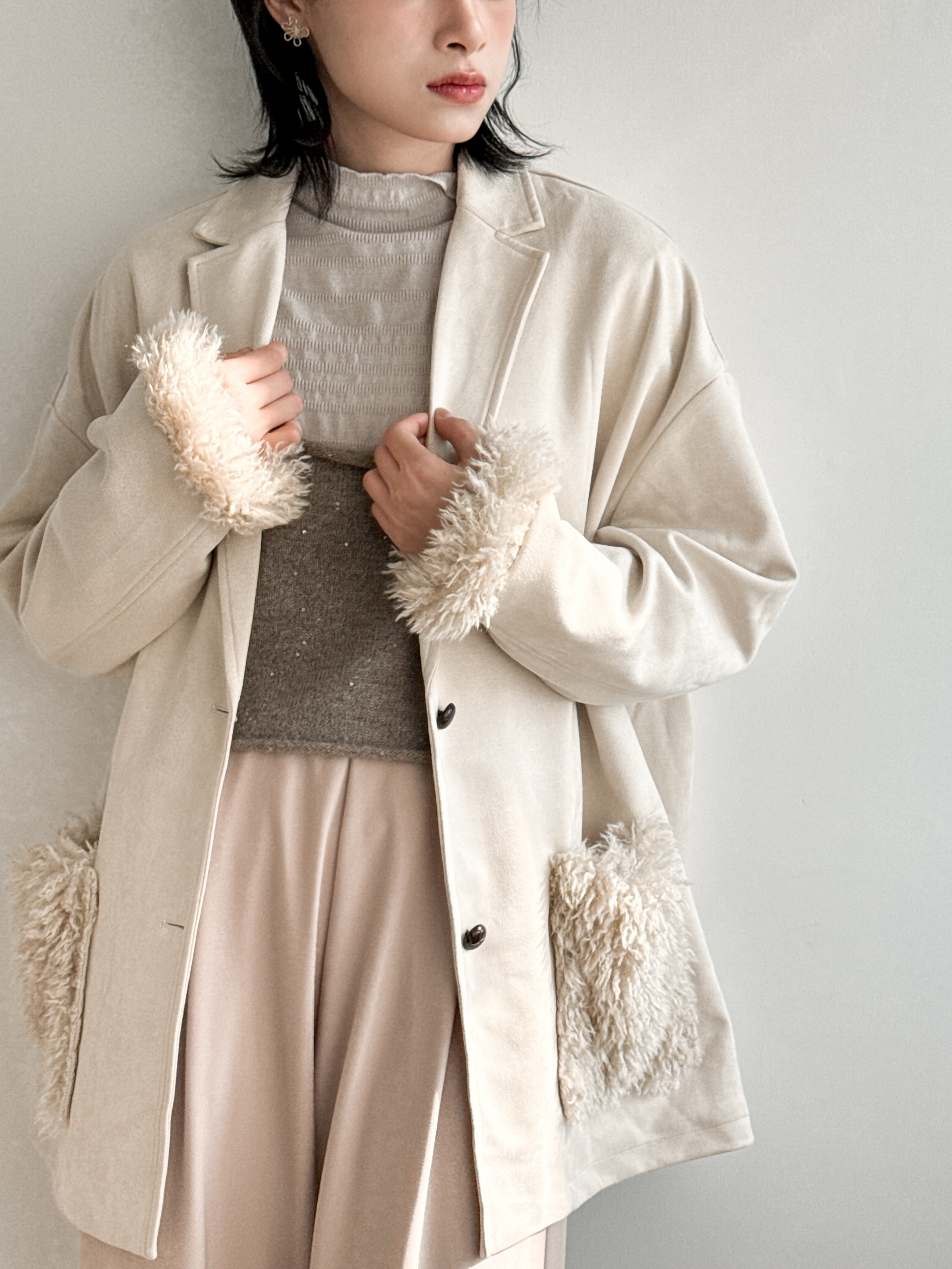 復古風麂皮絨毛毛袋外套 -JK51380