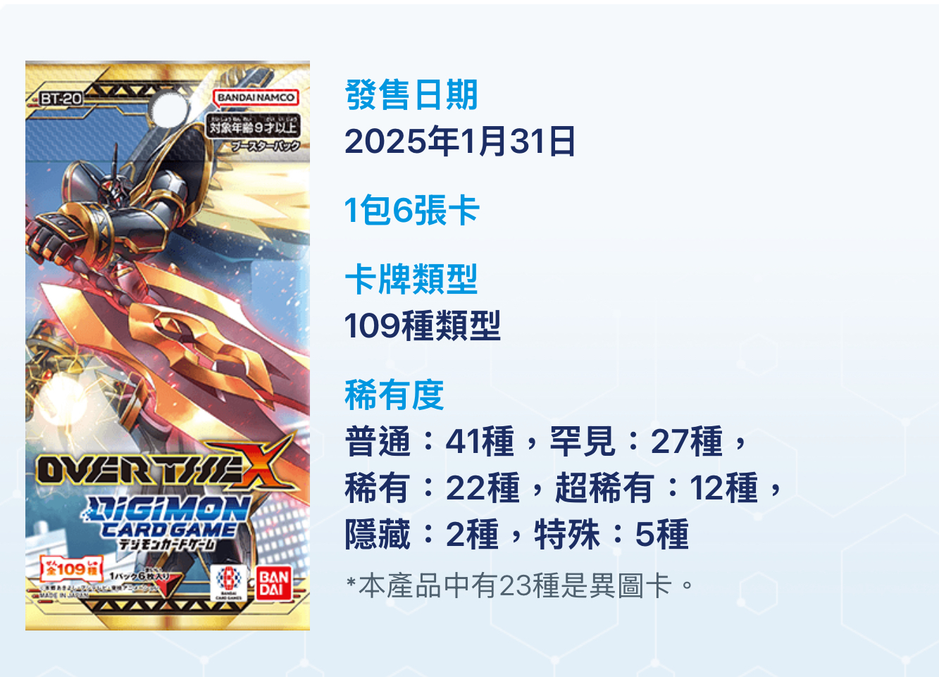 【Pre-Order】 Digimon 數碼暴龍 數碼寶貝卡牌遊戲補充包 X的彼岸 [BT-20]（原箱)