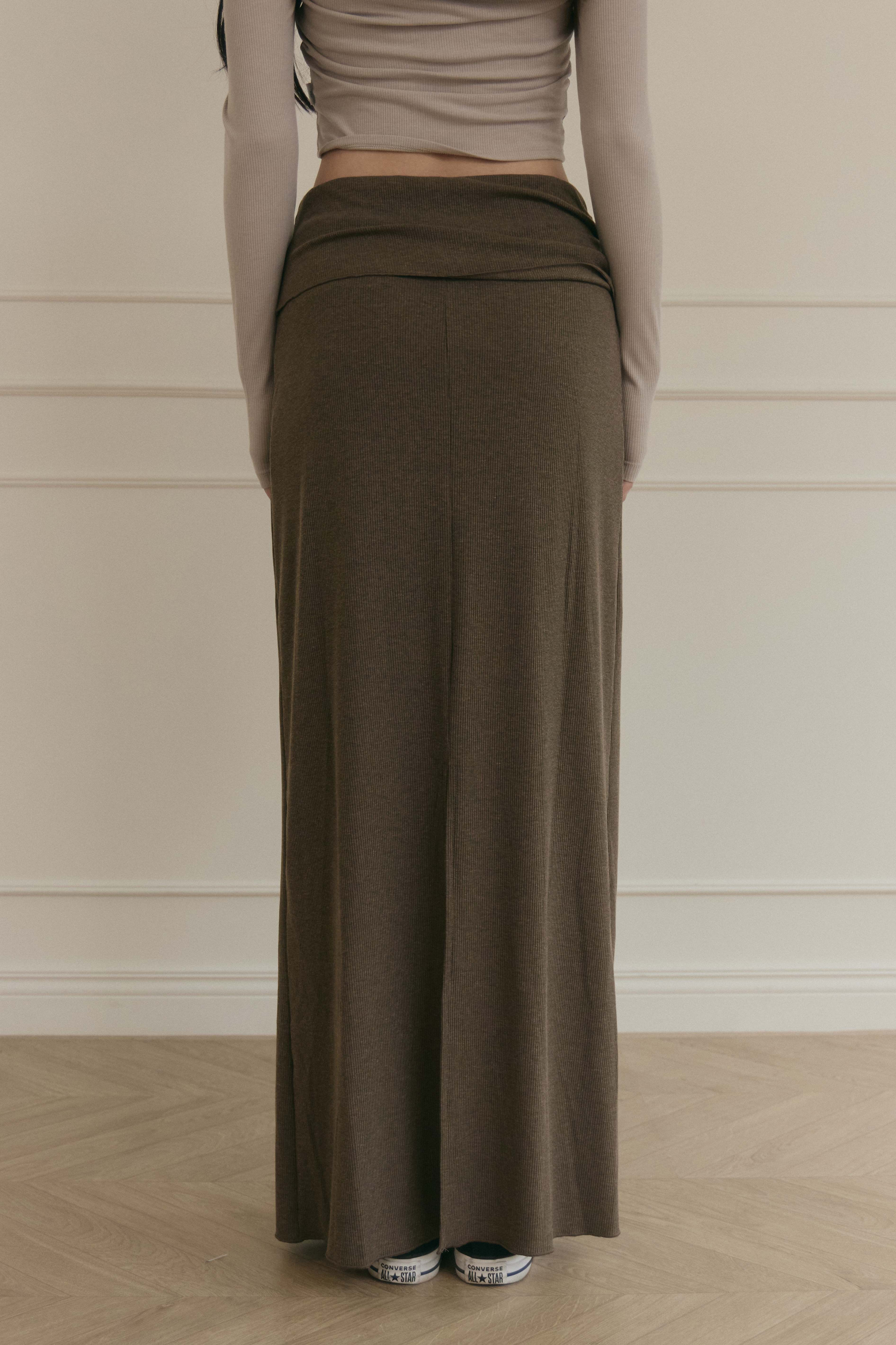 反摺腰頭針織長裙- 咖啡