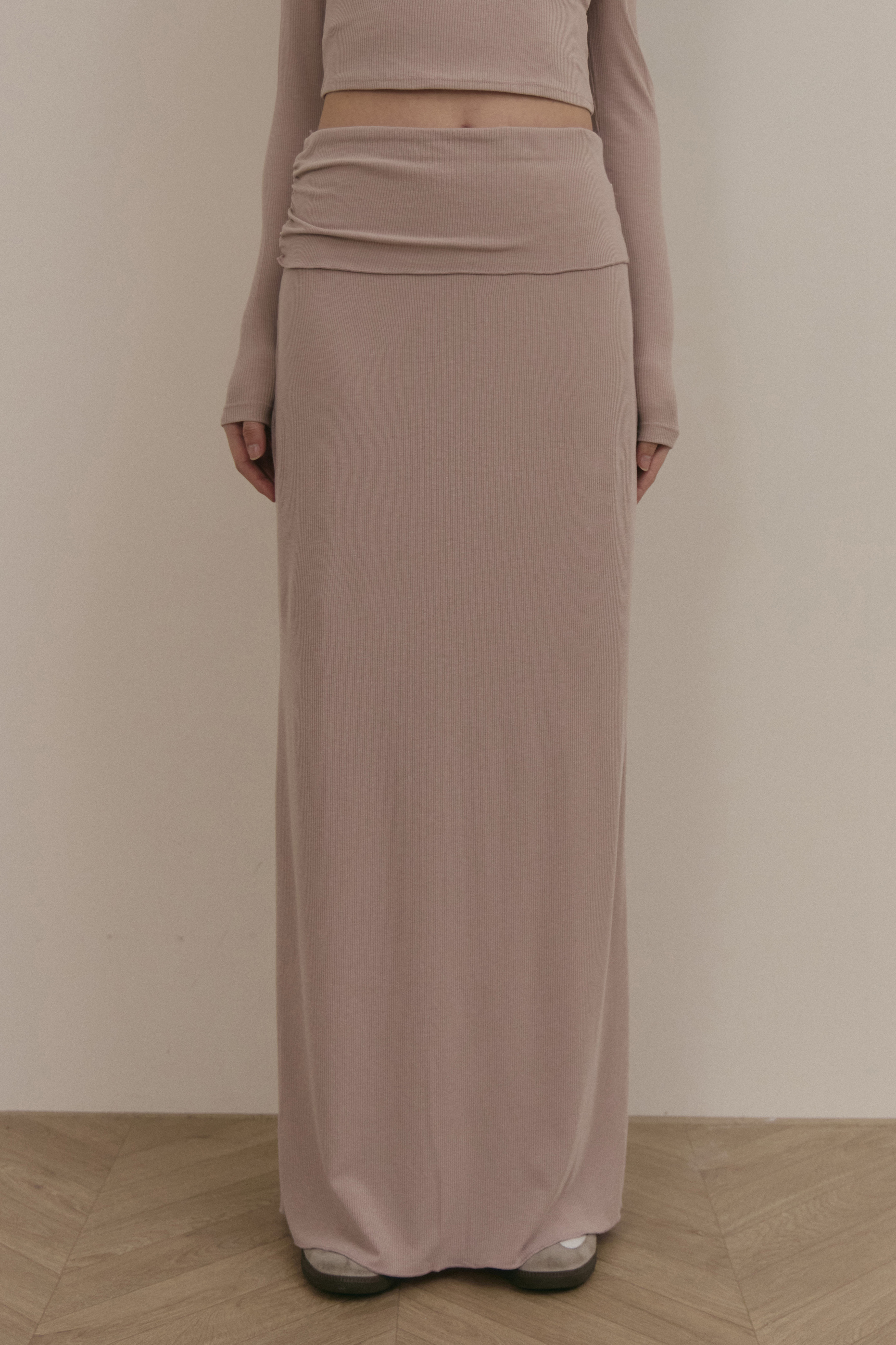 反摺腰頭針織長裙- 粉