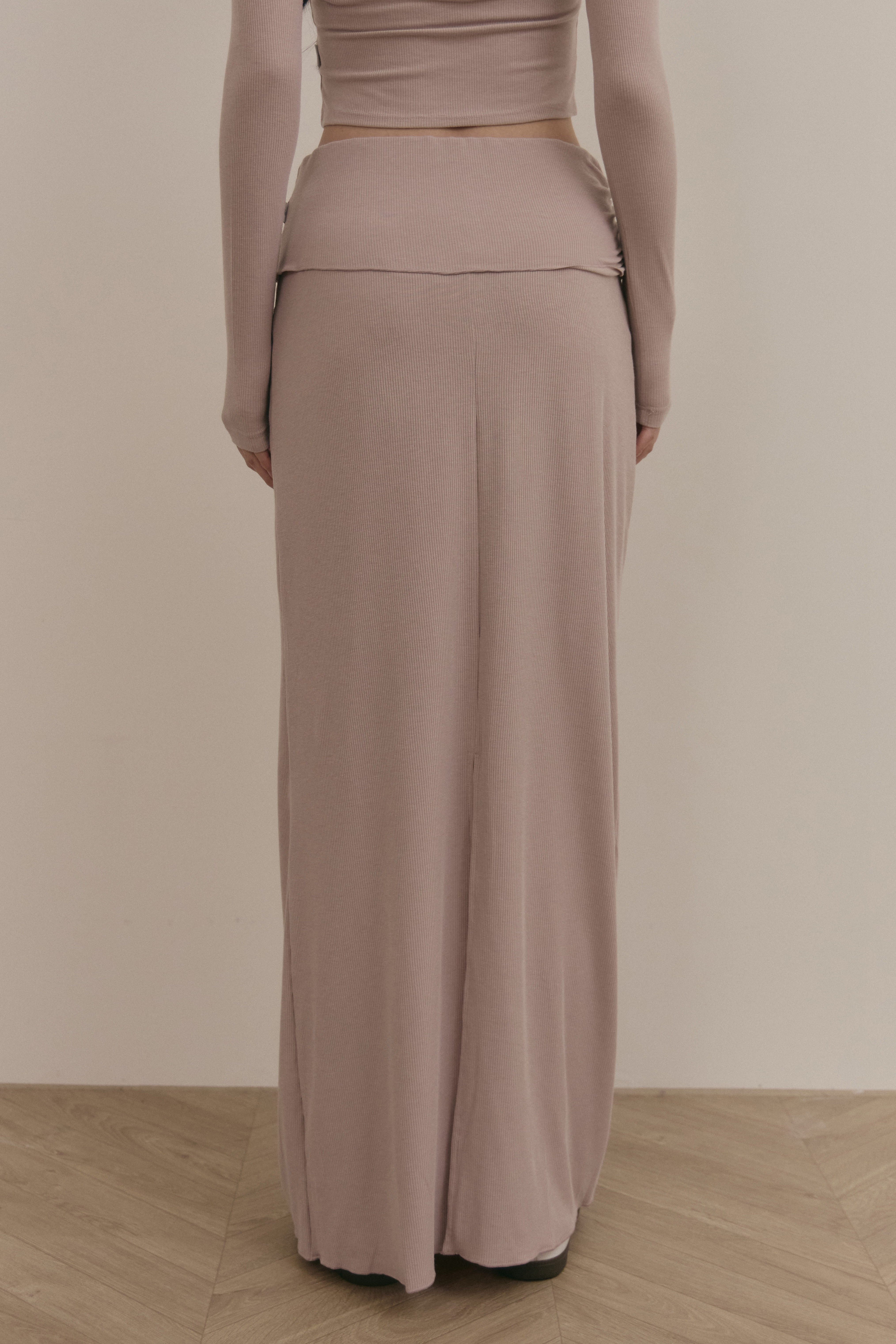 反摺腰頭針織長裙- 粉