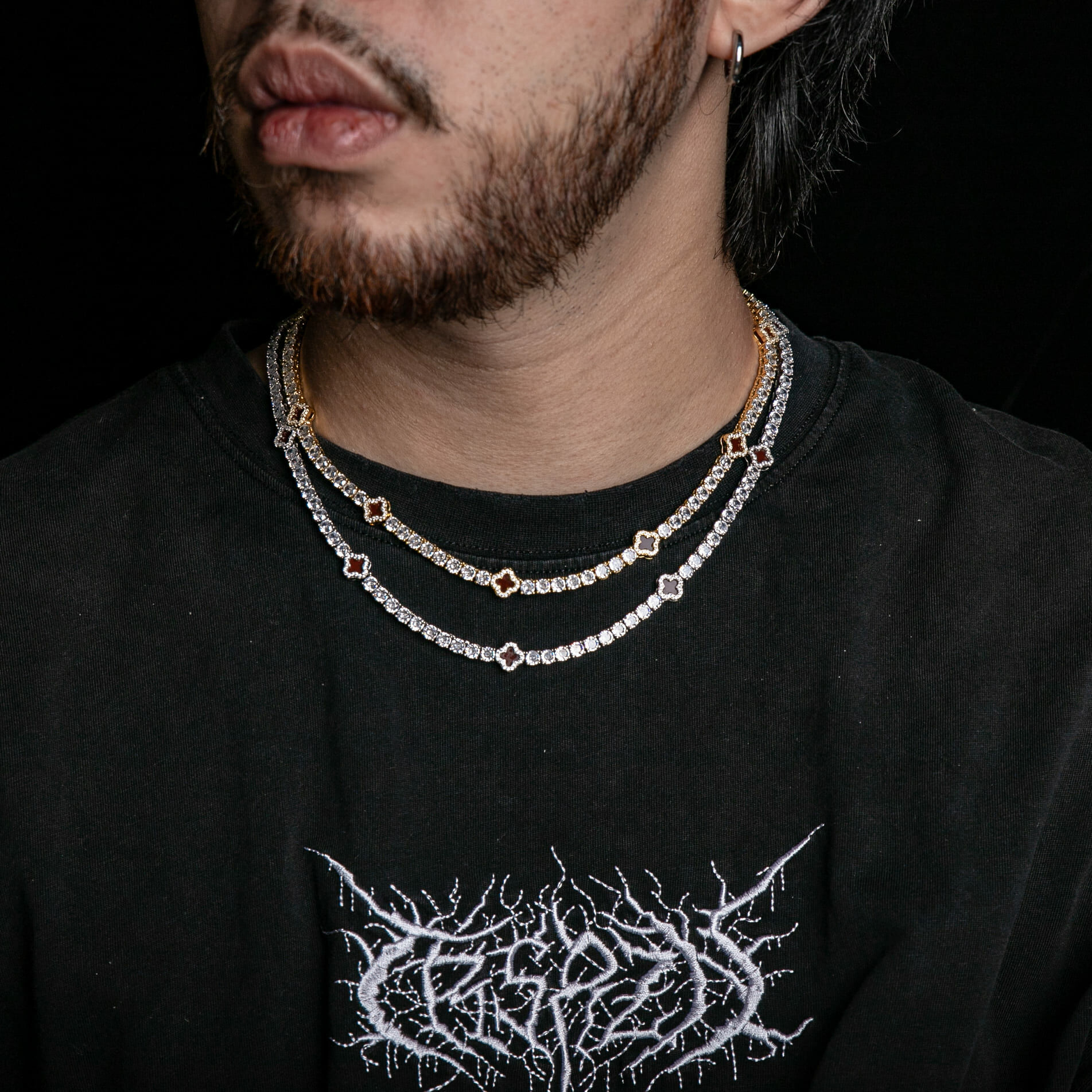 4mm經典單排鑽紅色幸運草網球項鍊