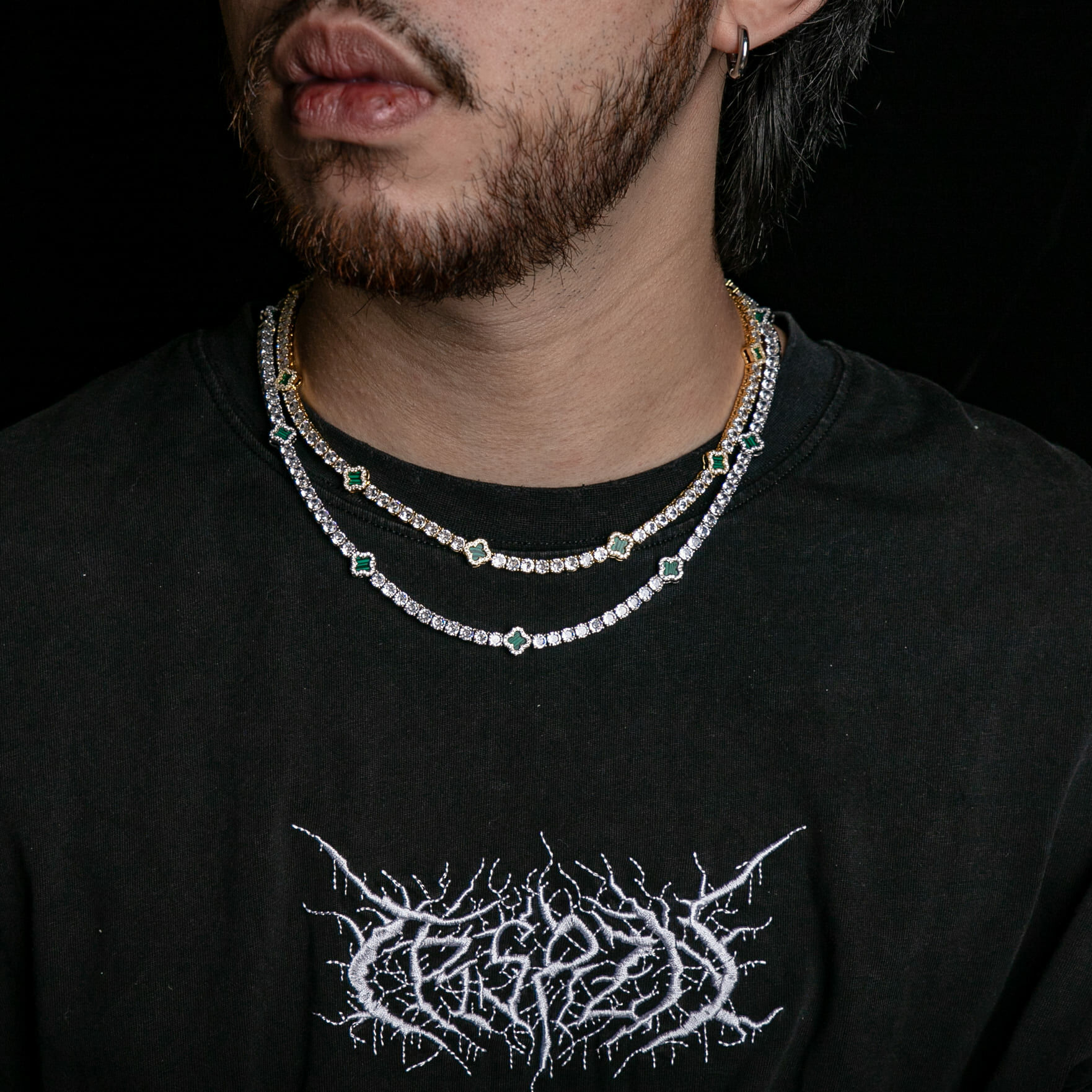 4mm經典單排鑽綠色幸運草網球項鍊