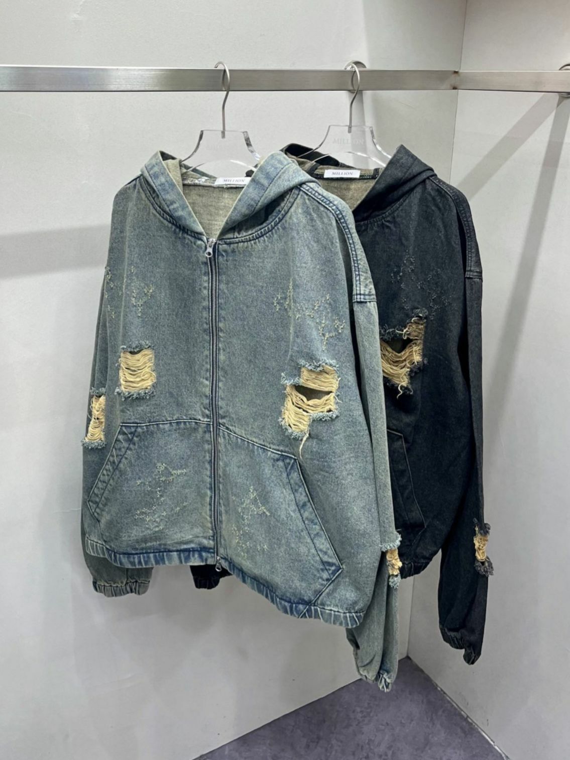 洗水破洞連帽拉鍊牛仔外套 Million-015JK