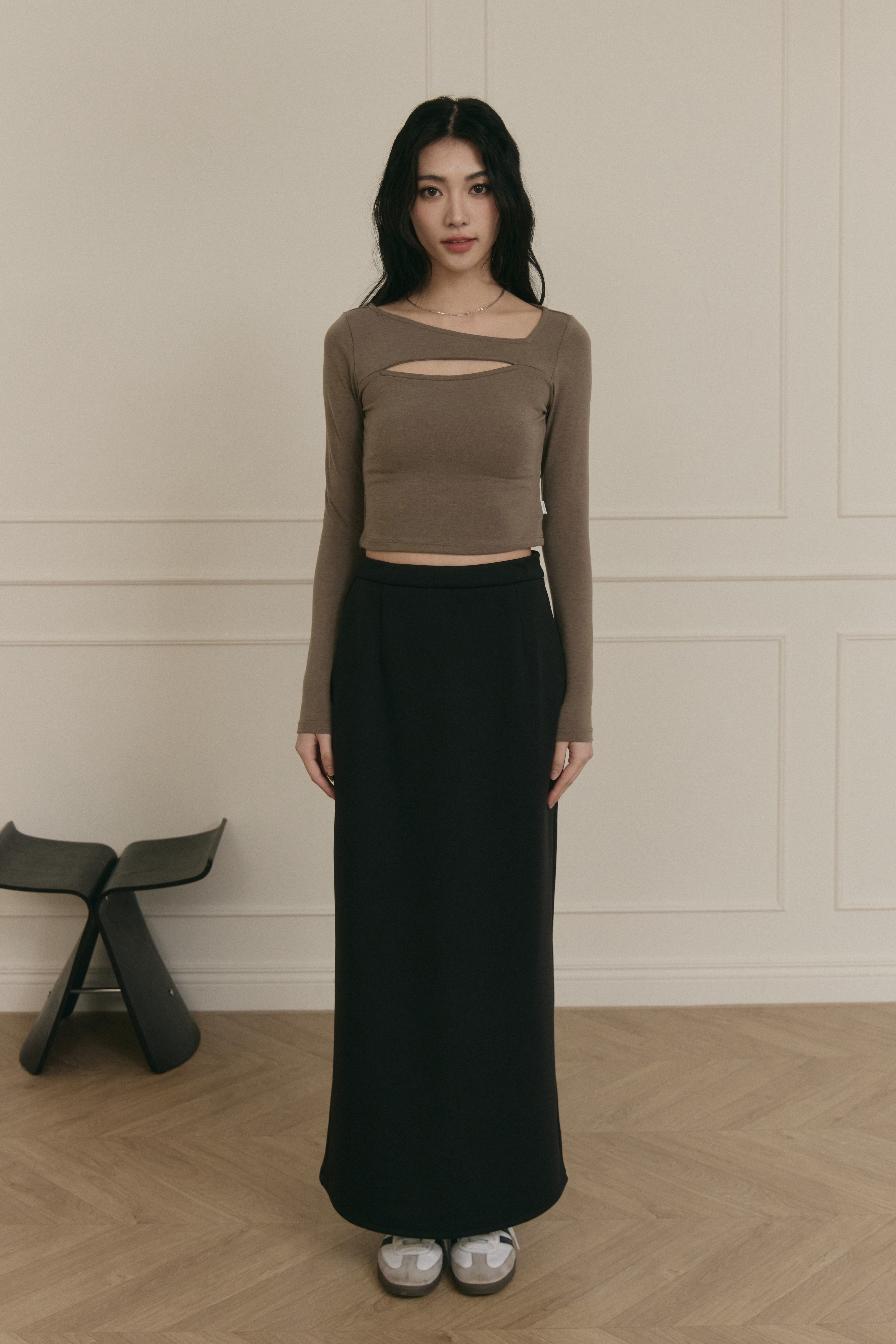 前挖洞長袖上衣- 咖啡