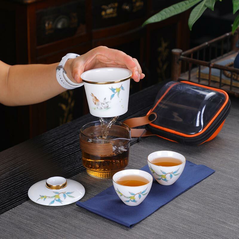 鹿港窯禮品館 │羊脂玉快客杯創意月兔一壺兩杯旅行組