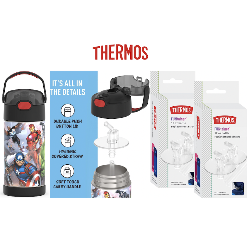 美國 Thermos Avengers 不鏽鋼真空兒童保溫吸管水壺 + 吸管替換配件 (4 件裝)
