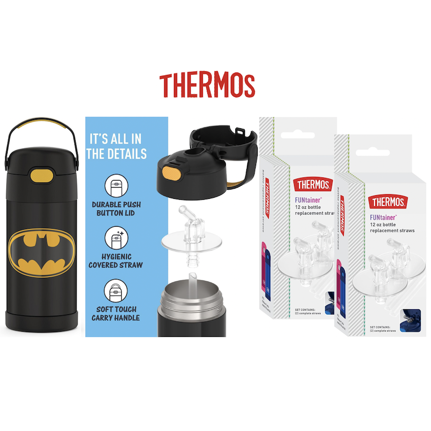 美國 Thermos 不鏽鋼真空兒童保溫吸管水壺 - Batman + 吸管替換配件 (4 件裝)