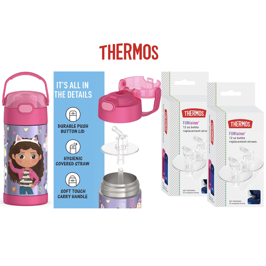 美國 Thermos 不鏽鋼真空兒童保溫吸管水壺 - Gabby's Dollhouse + 吸管替換配件 (4 件裝)