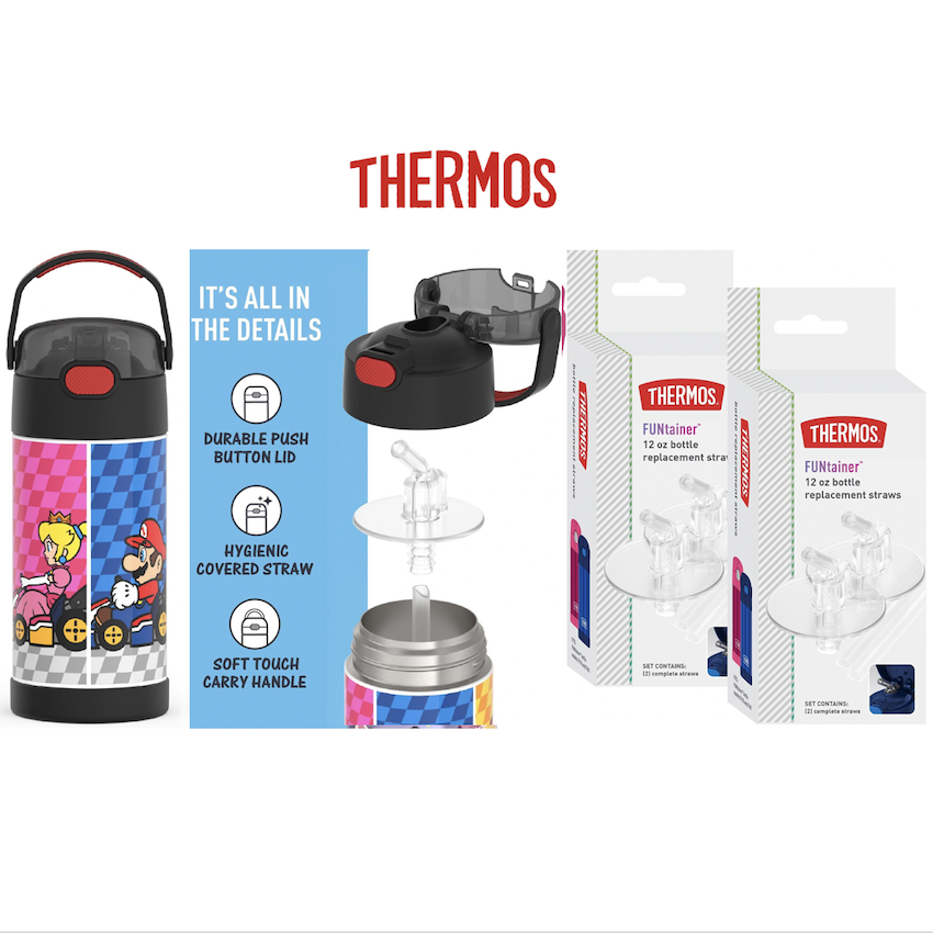 美國 Thermos 不鏽鋼真空兒童保溫吸管水壺 - Super Mario  + 吸管替換配件 (2 件裝)