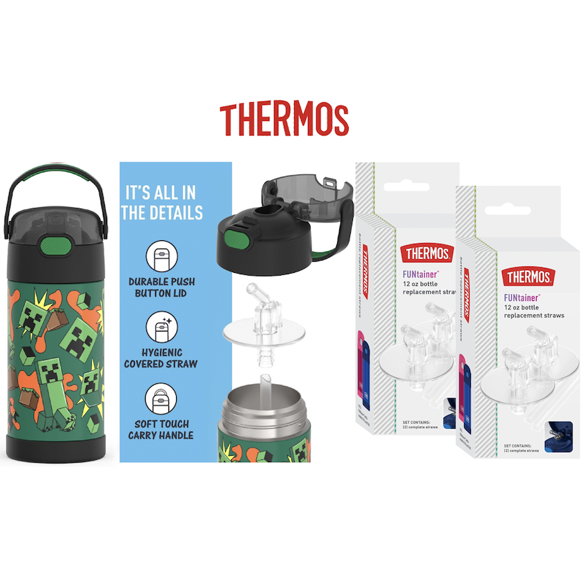 美國 Thermos 不鏽鋼真空兒童保溫吸管水壺 - Minecraft + 吸管替換配件 (4 件裝)