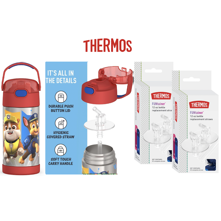 美國 Thermos 不鏽鋼真空兒童保溫吸管水壺 - Paw Patrol + 吸管替換配件 (4 件裝)