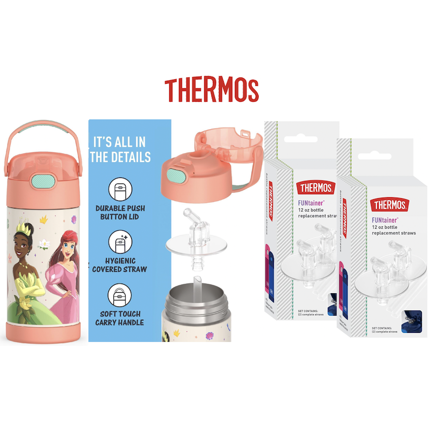 美國 Thermos 不鏽鋼真空兒童保溫吸管水壺 - Disney Princess + 吸管替換配件 (4 件裝)