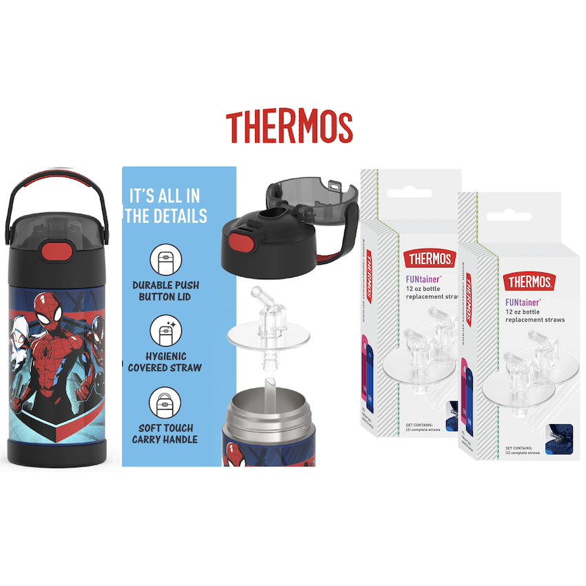 美國 Thermos 不鏽鋼真空兒童保溫吸管水壺 - SpiderMan + 吸管替換配件 (2 件裝)