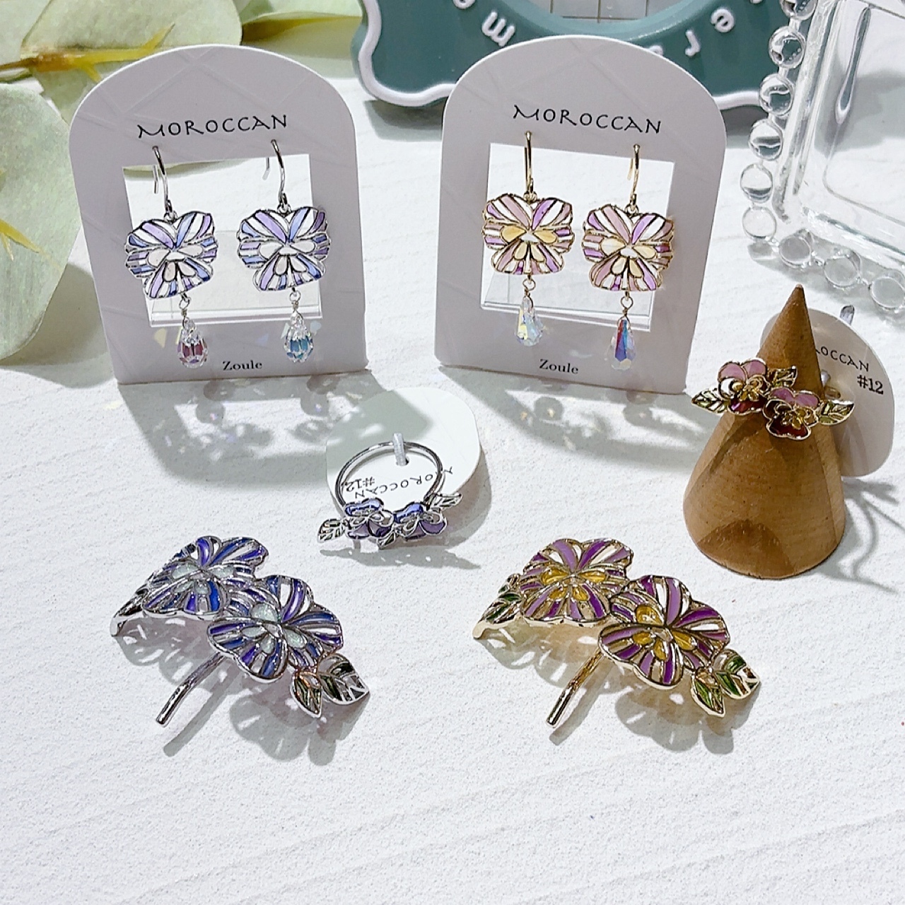 三色堇耳環/戒指/髮插