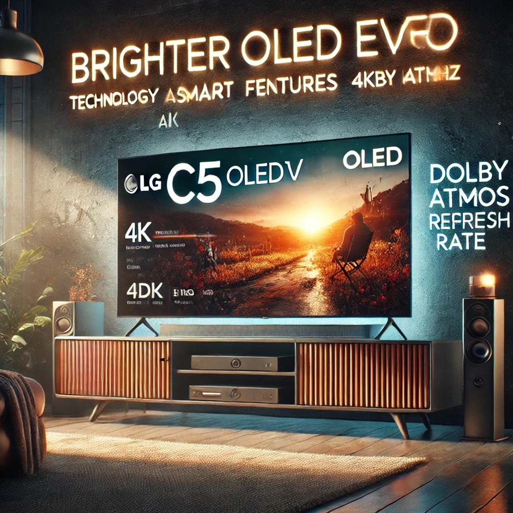 一張展示 LG C5 OLED 電視的社群瀏覽圖，電視置於現代化的客廳環境中，播放色彩鮮豔的 HDR 電影場景，周圍有文字描述電視功能如「更亮的 OLED Evo 技術」、「AI 智慧功能」、「Dolby Atmos 音效」和「4K 144Hz 刷新率」。整體設計簡約時尚，突顯電視的高端質感。