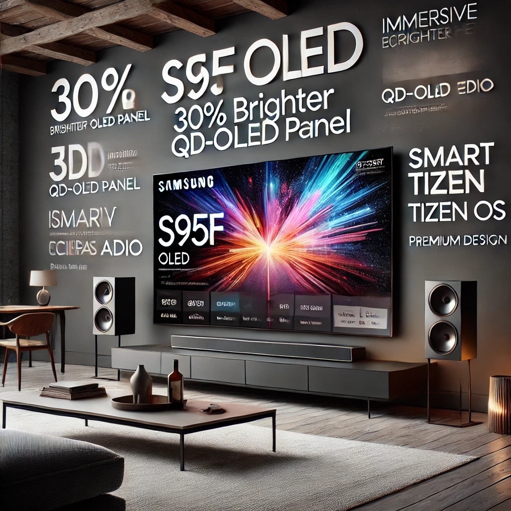 一張展示三星 S95F OLED 電視的社群瀏覽圖，電視置於優雅的客廳環境中，顯示生動的 HDR 電影場景。文字覆蓋強調功能亮點，如「30% 更亮 QD-OLED 面板」、「沉浸式 Eclipsa Audio」、「智慧 Tizen OS」和「高端設計」。整體設計簡約時尚，突顯產品的高端質感。