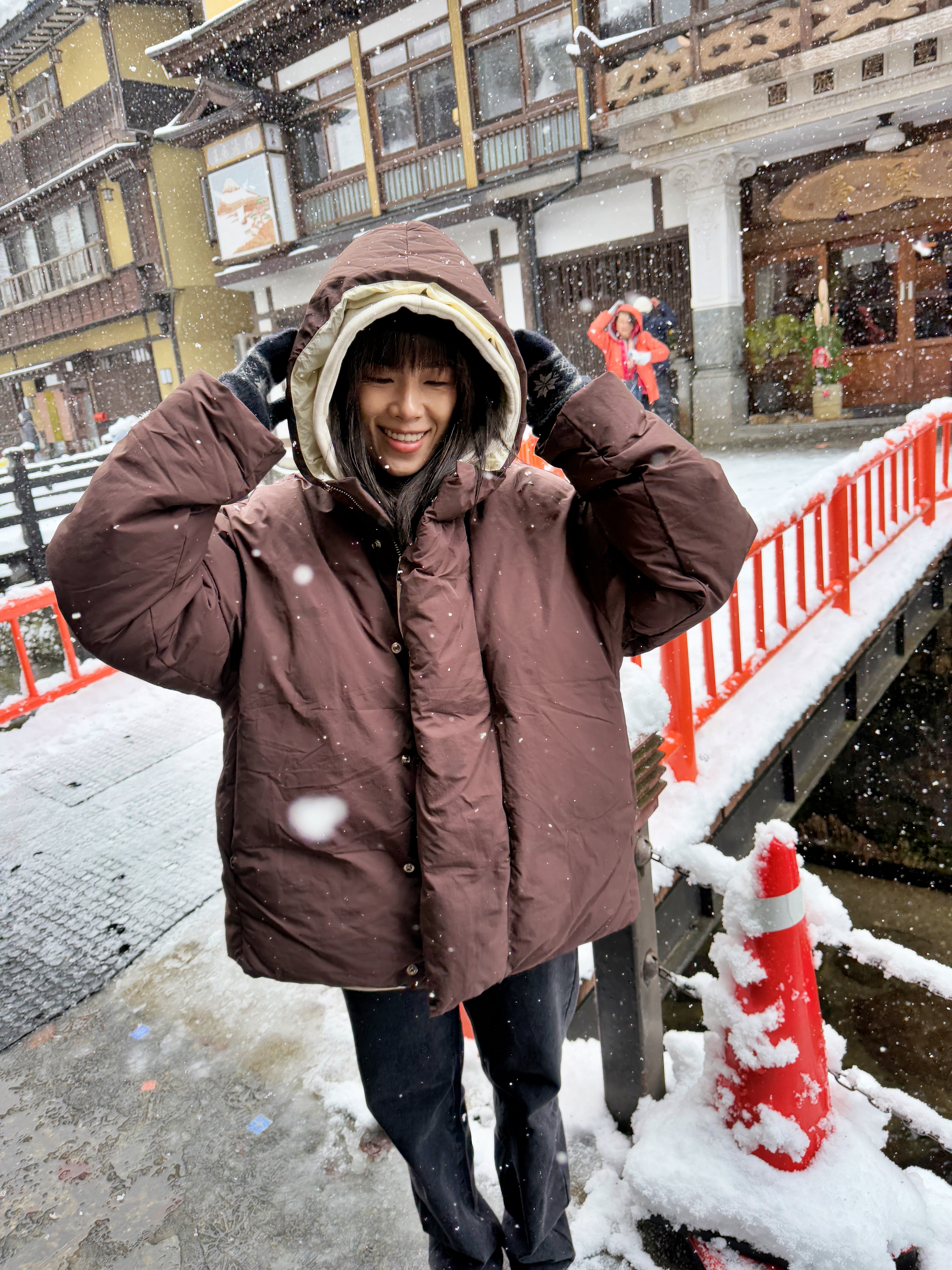 正韓精靈配色保暖連帽鋪棉外 (咖)