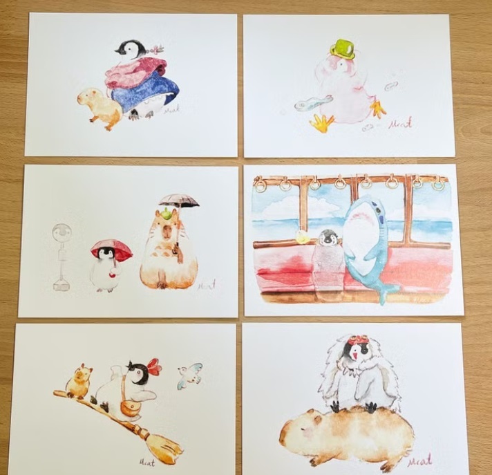 Mcat大薯貓．小企鵝水彩插畫 明信片 (網購隨機)