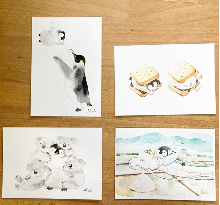 Mcat大薯貓．小企鵝水彩插畫 明信片 (網購隨機)