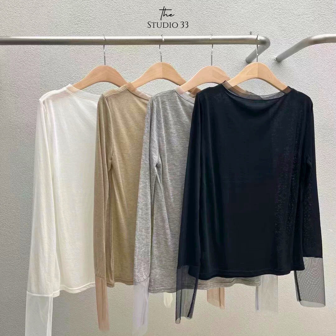 網紗拼接打底長袖上衣