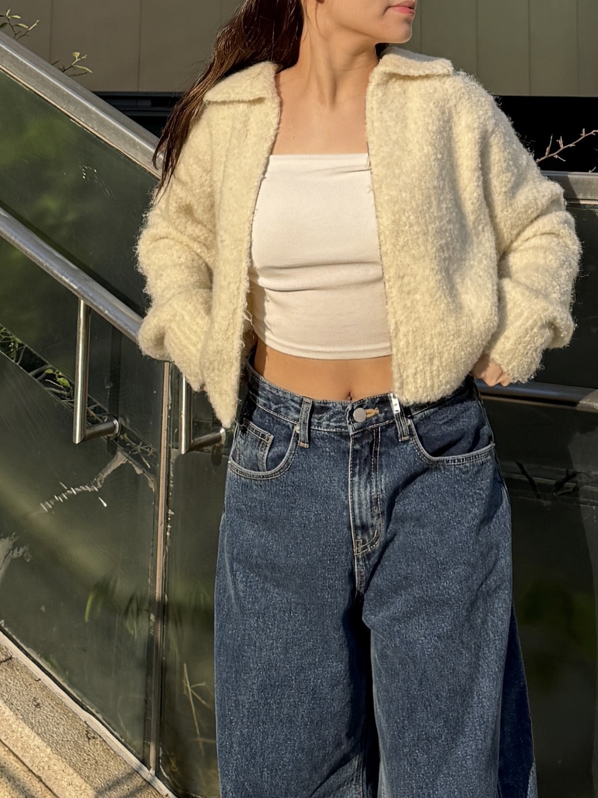 毛茸茸混羊毛翻領外套