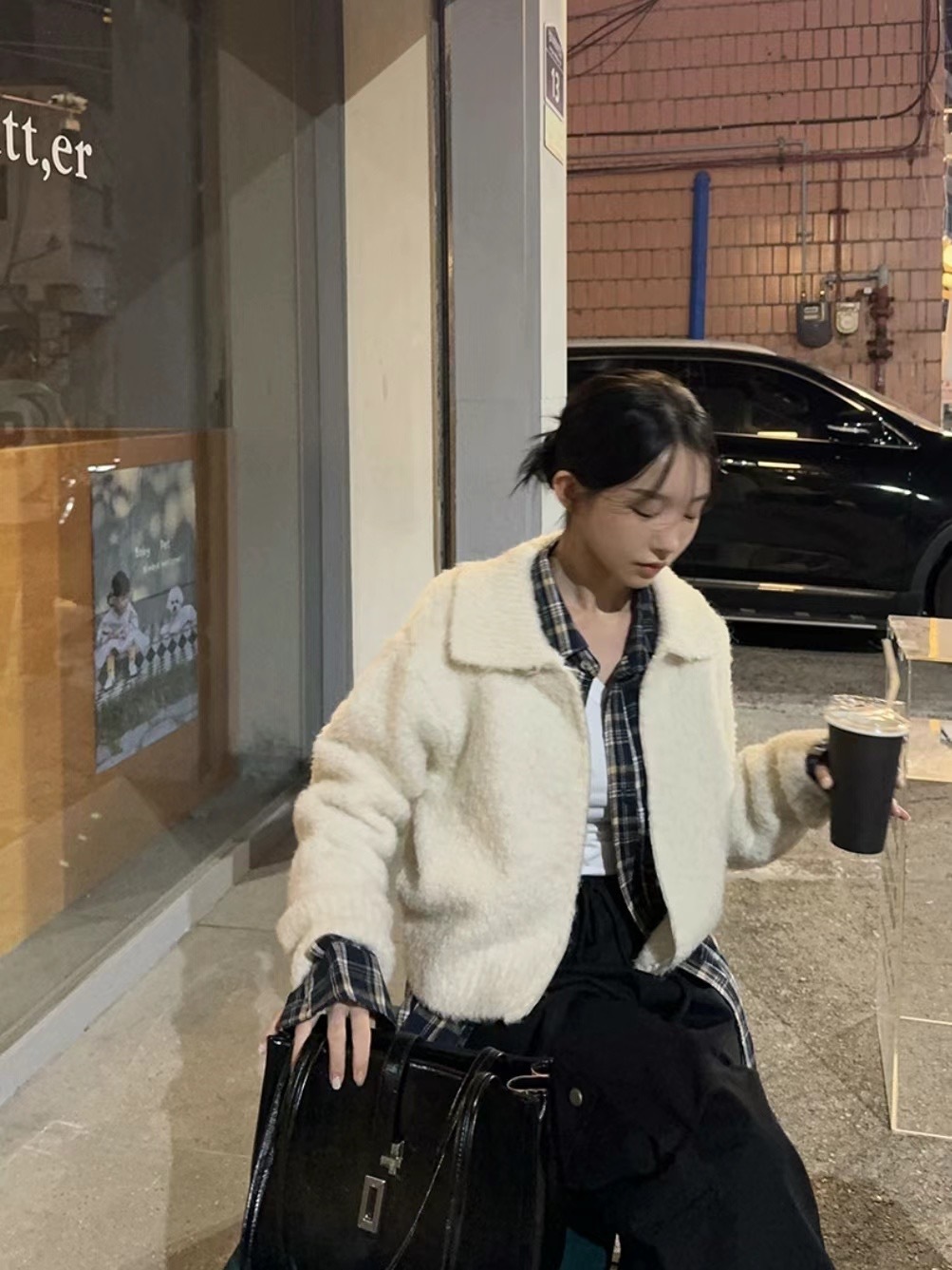 毛茸茸混羊毛翻領外套