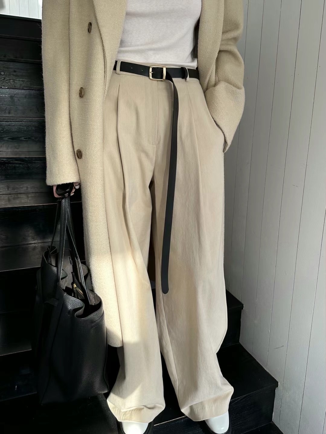 韓BOWIE正品 高腰打褶附長腰帶氣質闊腿休閒褲