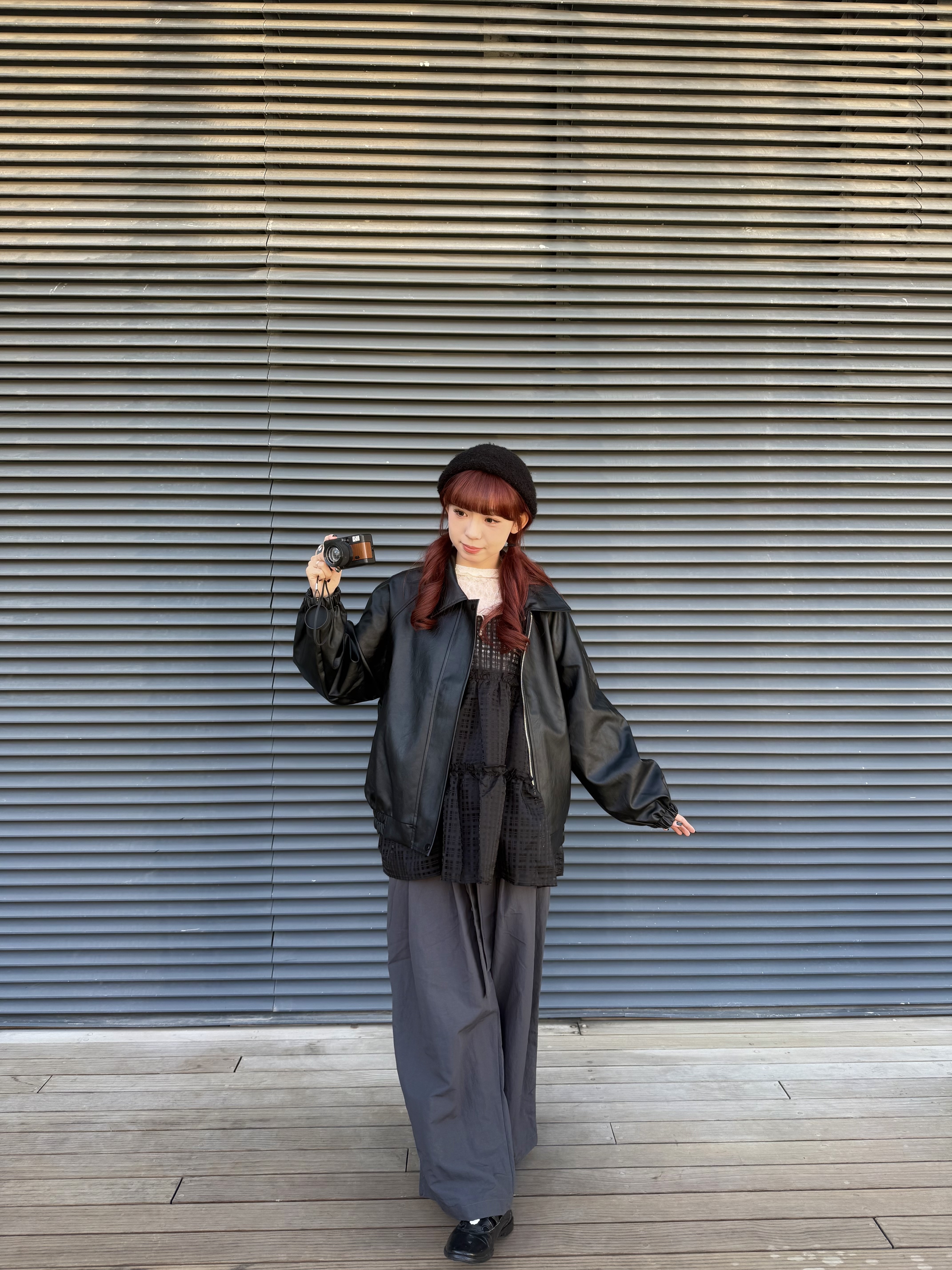 [3色入]反領小寬鬆形皮褸(black)