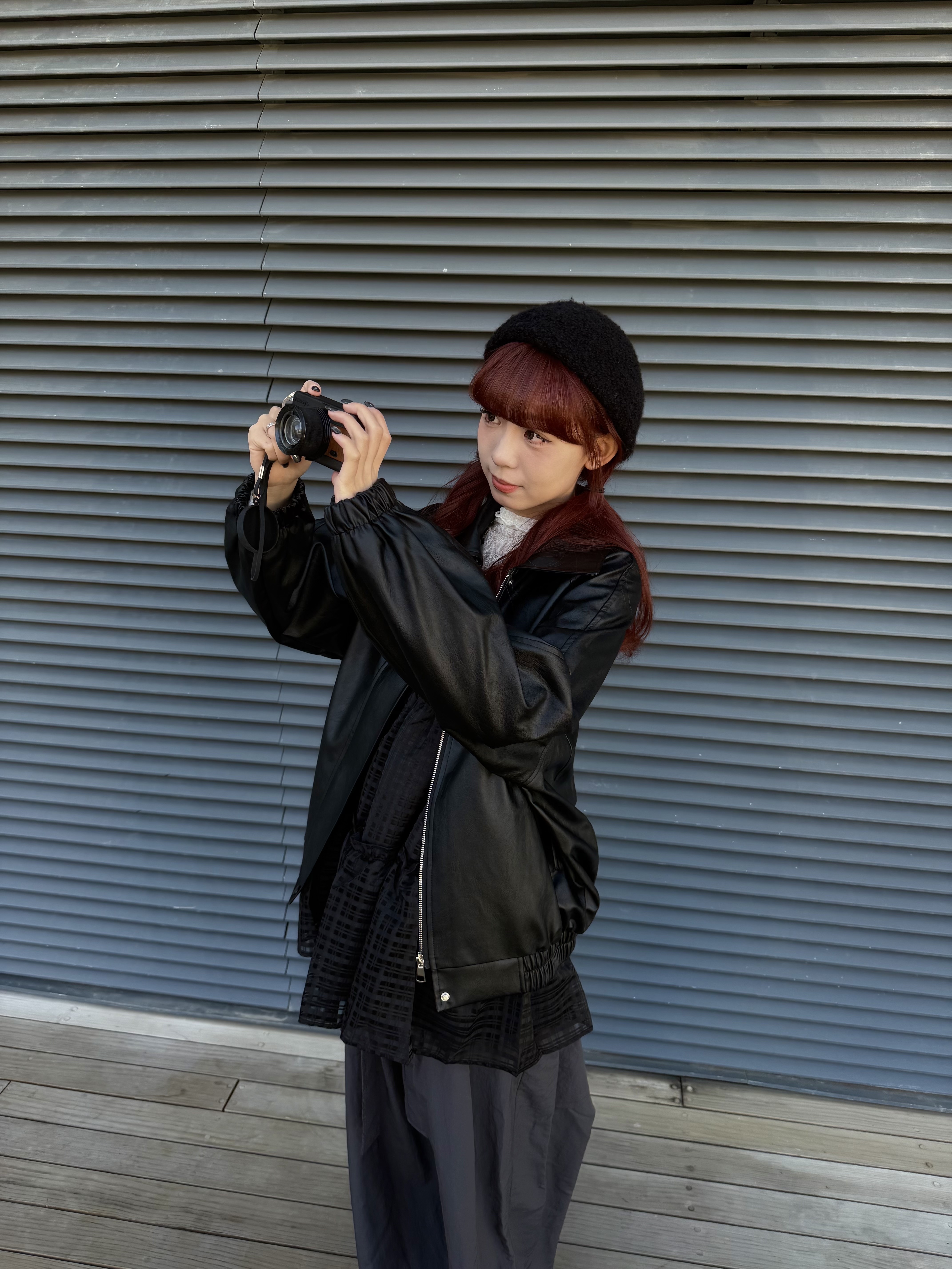 [3色入]反領小寬鬆形皮褸(black)