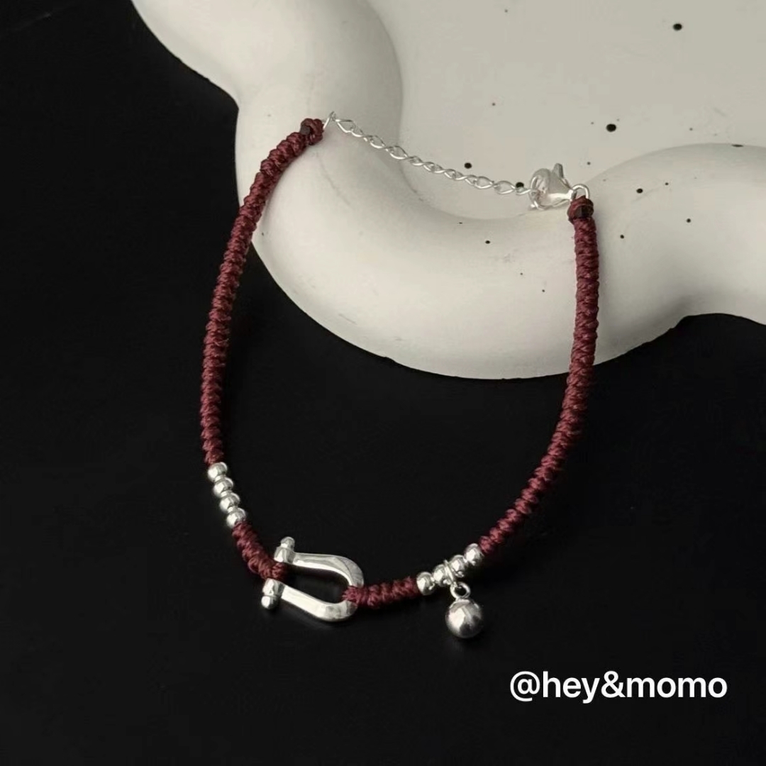 HM3453 925 銀 馬蹄銀球硃砂紅 紅繩手鍊