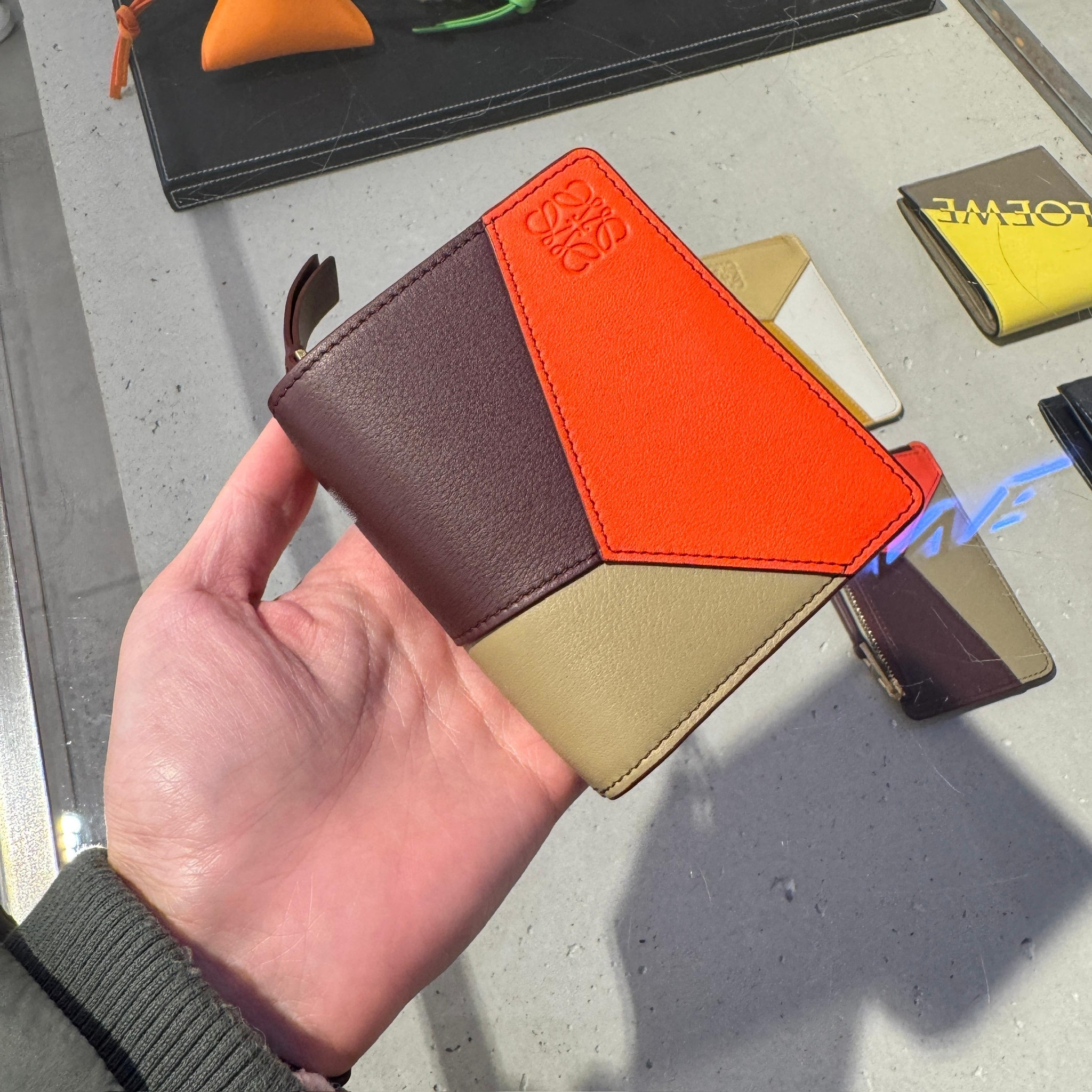 Loewe Puzzle Compact zip wallet in burgundy and yellow