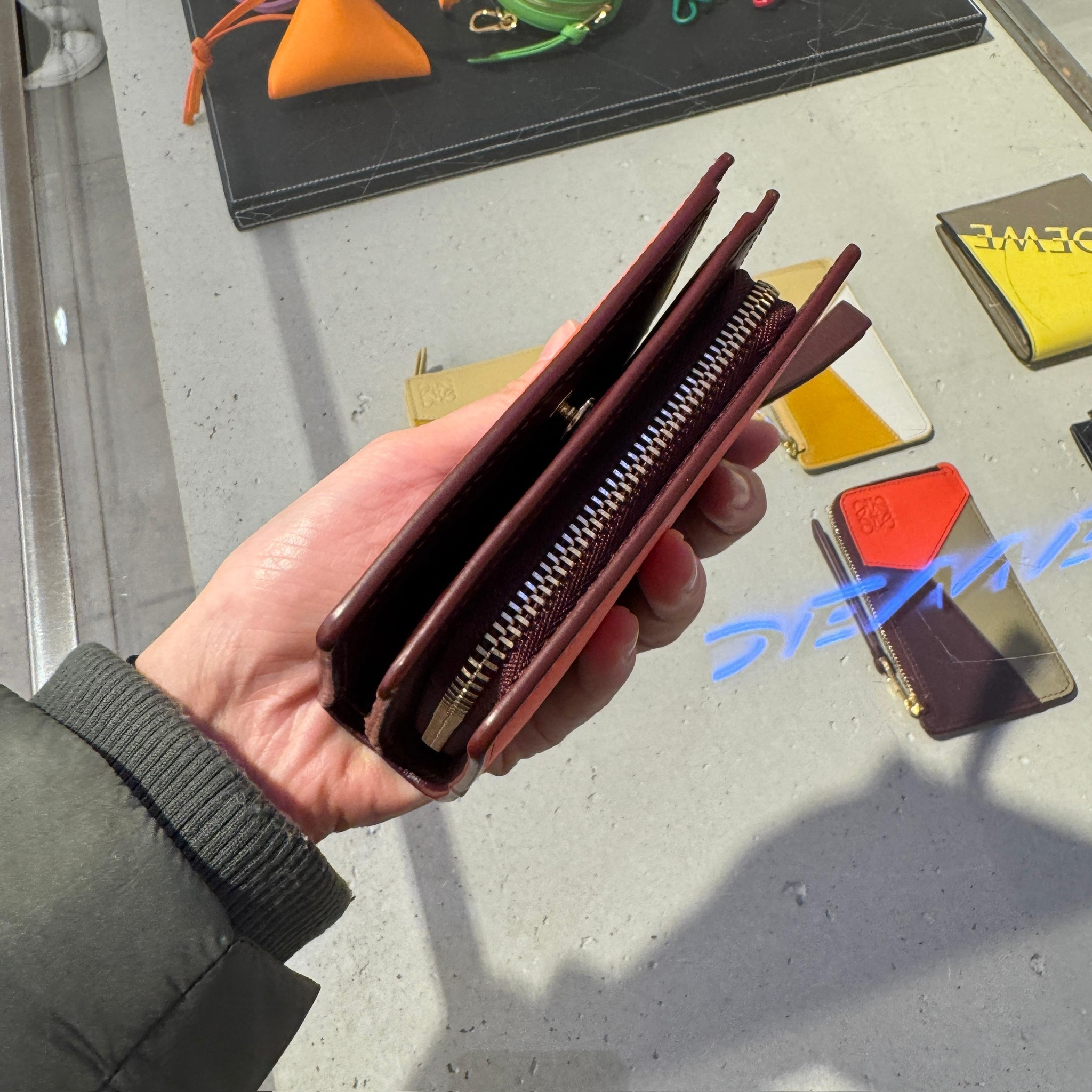 Loewe Puzzle Compact zip wallet in burgundy and yellow