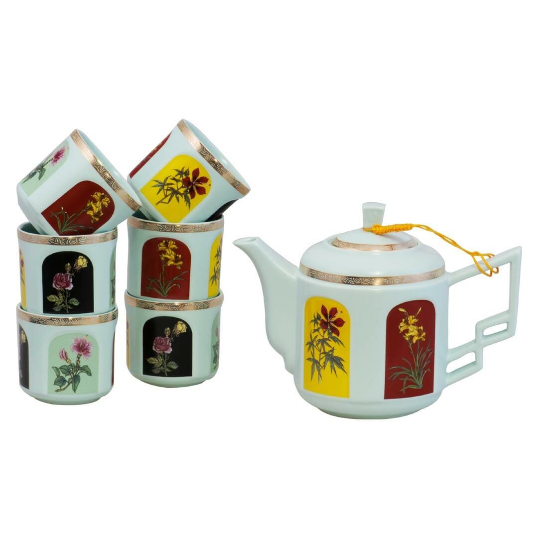 描金鹽水燒粉藍無光釉八件式茶道茶具組｜手工雅緻 無光質感 收藏送禮首選