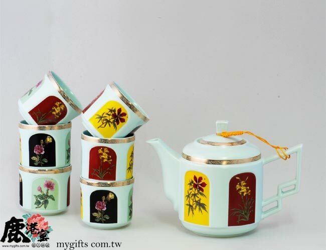 鹿港窯禮品館│描金鹽水燒粉藍無光釉八件式茶道