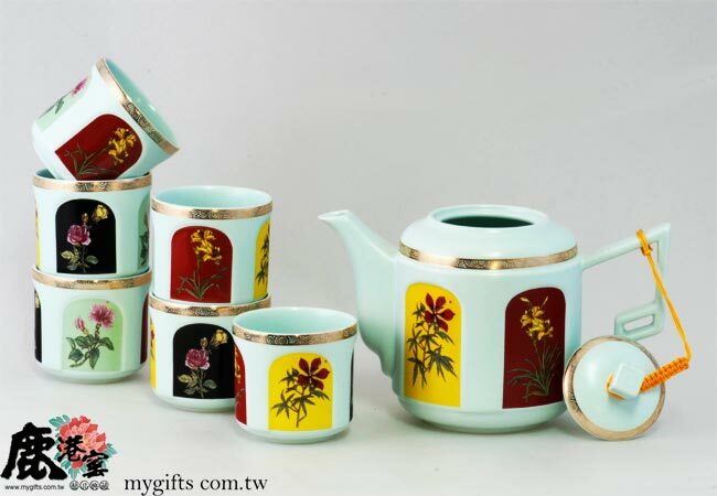 鹿港窯禮品館│描金鹽水燒粉藍無光釉八件式茶道