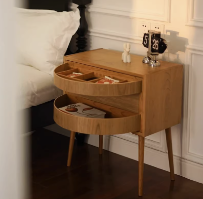 復古實木藤编多功能可旋轉床頭櫃