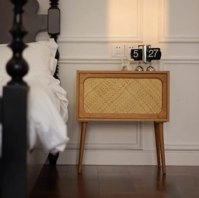 復古實木藤编多功能可旋轉床頭櫃