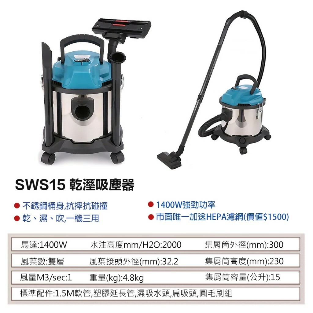 附發票｜SW15三用工業吸塵器｜110V1300W二代靜音乾溼吹15L  SWS15遇缺出SW15