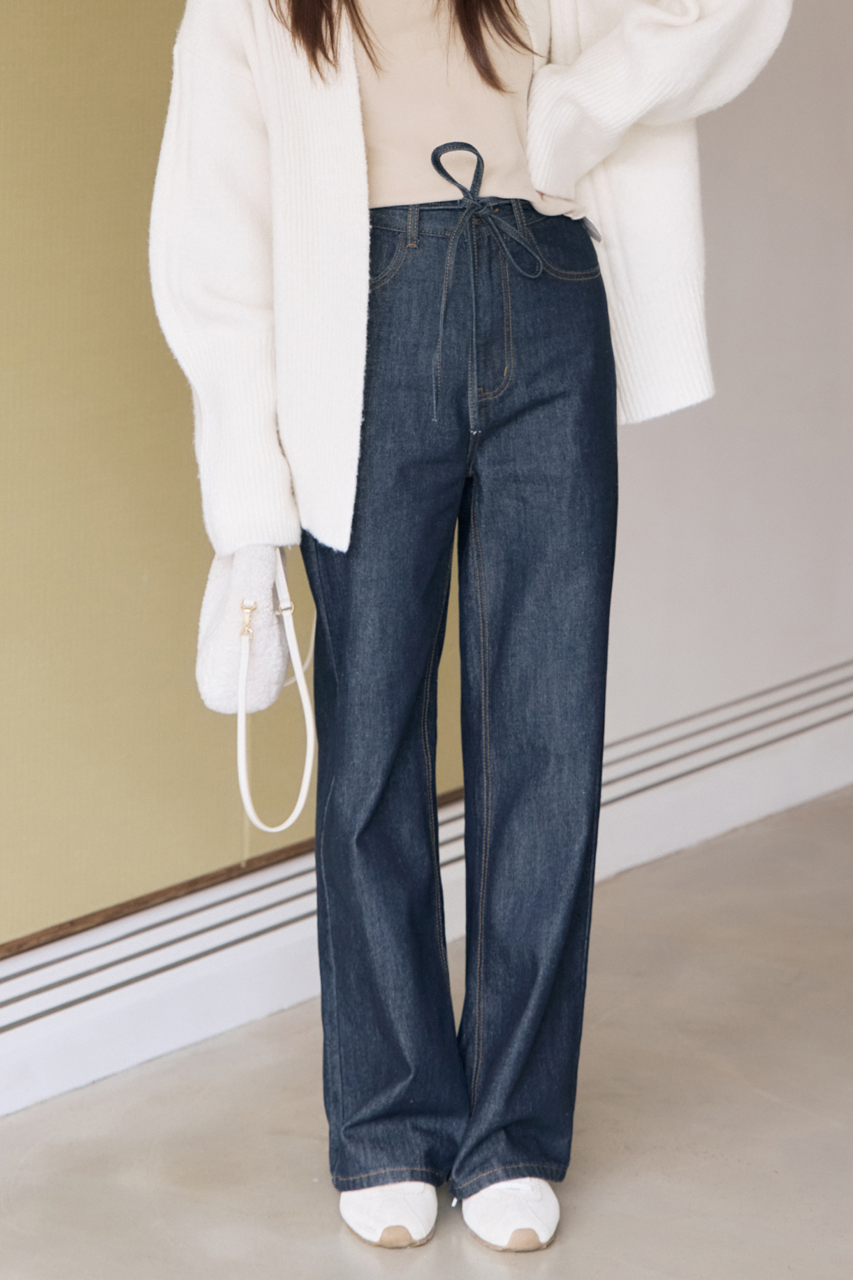 guten made/捨不得換 牛仔原色綁帶寬褲-原色藍