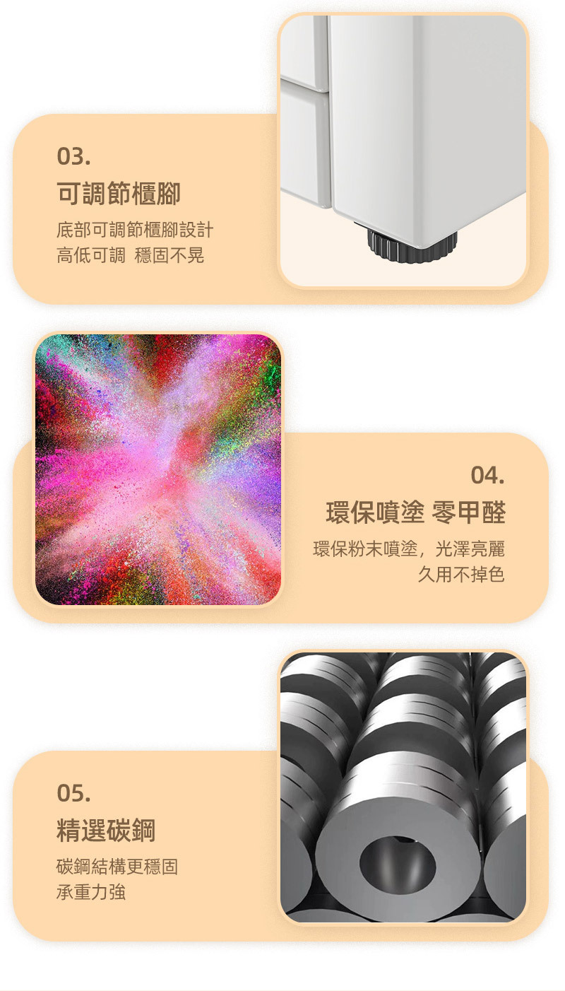 03.可調節櫃腳底部可調節櫃腳設計高低可調穩固不晃05.精選碳鋼碳鋼結構更穩固承重力強04.環保噴塗 零甲醛環保粉末噴塗,光澤亮麗久用不掉色