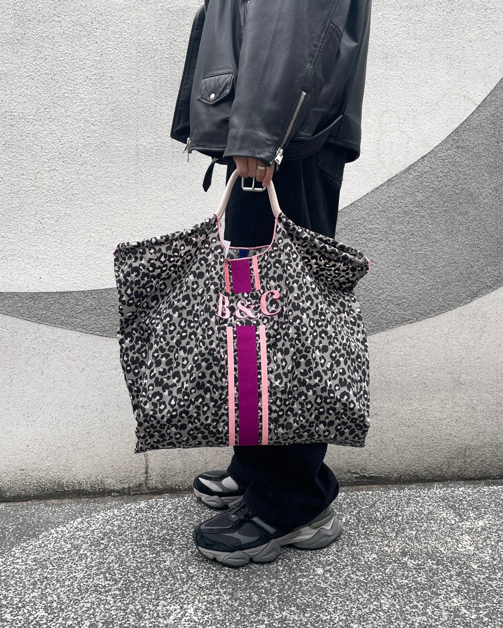 Ball＆Chain 刺繡環保購物袋 L號 - 灰/豹紋 (30115292)