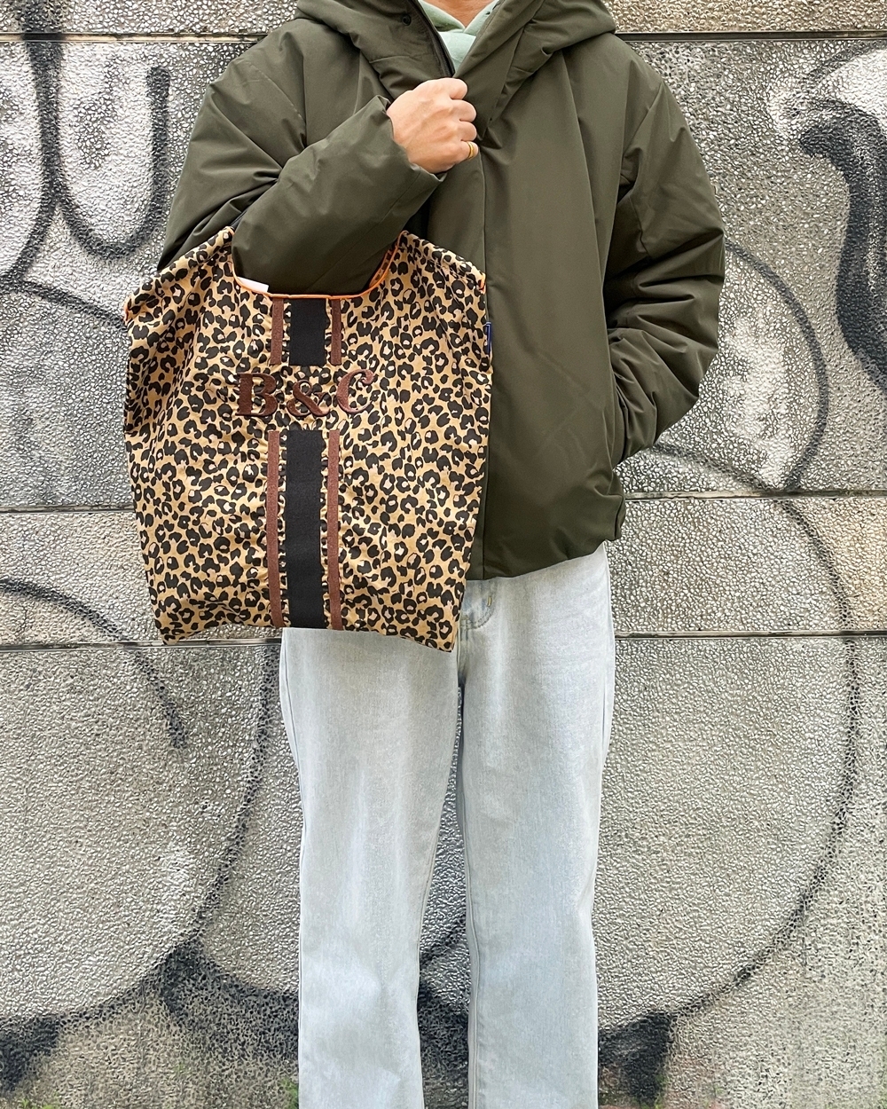 Ball＆Chain 刺繡環保購物袋 M號 - 卡其/豹紋 (30105293)