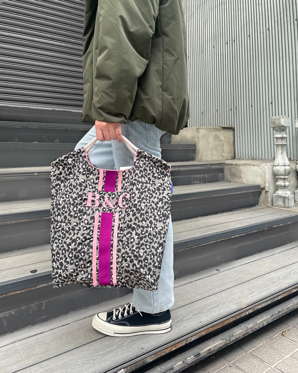 Ball＆Chain 刺繡環保購物袋 M號 - 灰/豹紋 (30105292)