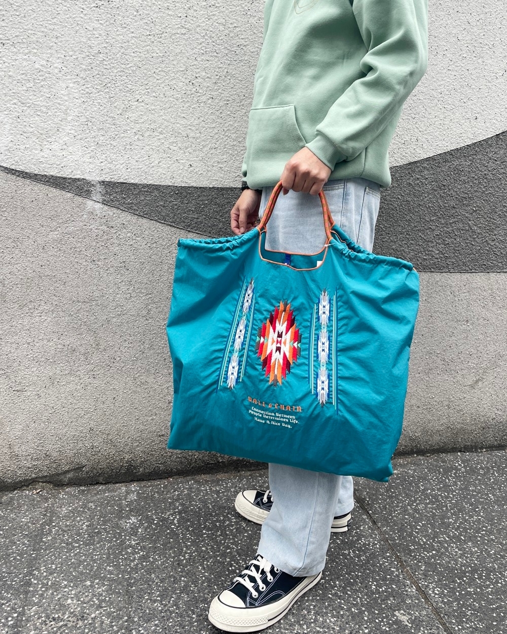 Ball＆Chain 刺繡環保購物袋 L號 - 土耳其藍 (30115367)
