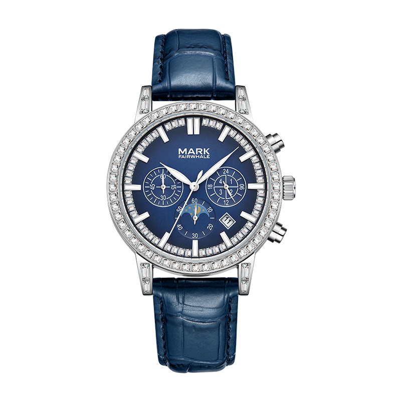【Mark fairwhale 馬克菲爾】 FW-5970 真三眼 日月星辰 日期顯示 晶鑽 皮革 石英 手錶 -