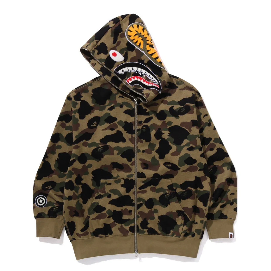BAPE 1ST CAMO JACQUARD SHARK RELAXED FIT FULL ZIP HOODIE 鯊魚外套 連帽外套 綠-1L30115304